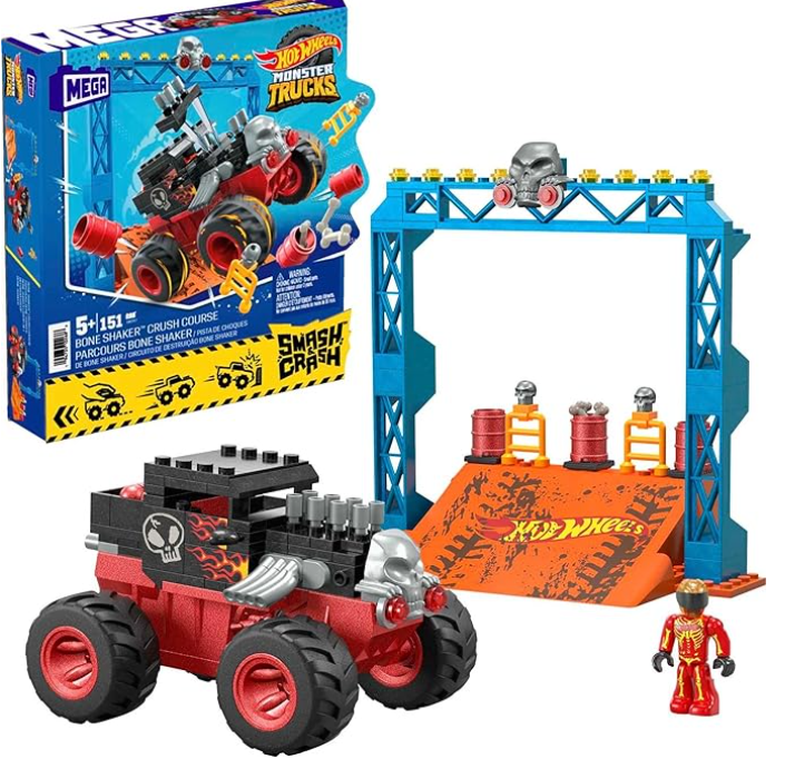 MEGA Hot Wheels Monster Trucks Toy Car Building Set, Smash & Crash Bone Shaker Crush Course with 151 Pieces, 1 Micro Figure Driver, Red, Age 5+ Years