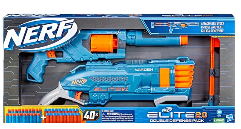 NERF Elite 2.0 - Double Defense Pack - 2 Launchers - Includes the Spectre Rev-5 and Warden DB-8 6-in-1 blasters, 40 Elite Darts, Cannon and Butt