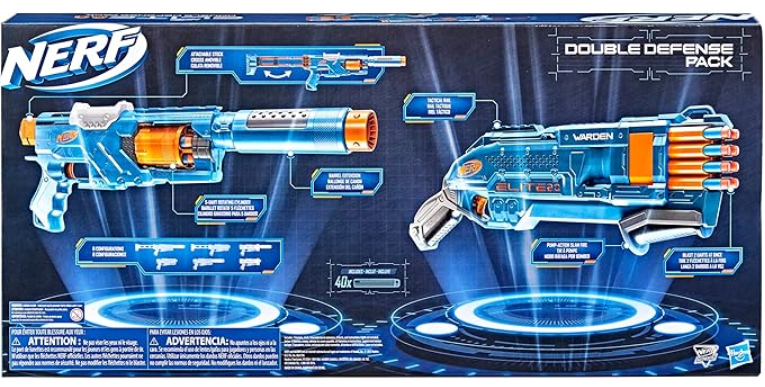 NERF Elite 2.0 - Double Defense Pack - 2 Launchers - Includes the Spectre Rev-5 and Warden DB-8 6-in-1 blasters, 40 Elite Darts, Cannon and Butt